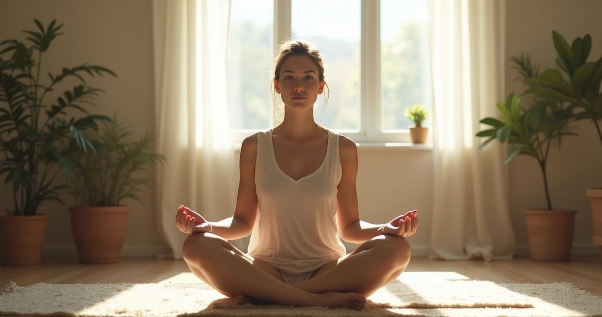 Pessoa sentada em posição de meditação em ambiente calmo, luz suave entrando pela janela 