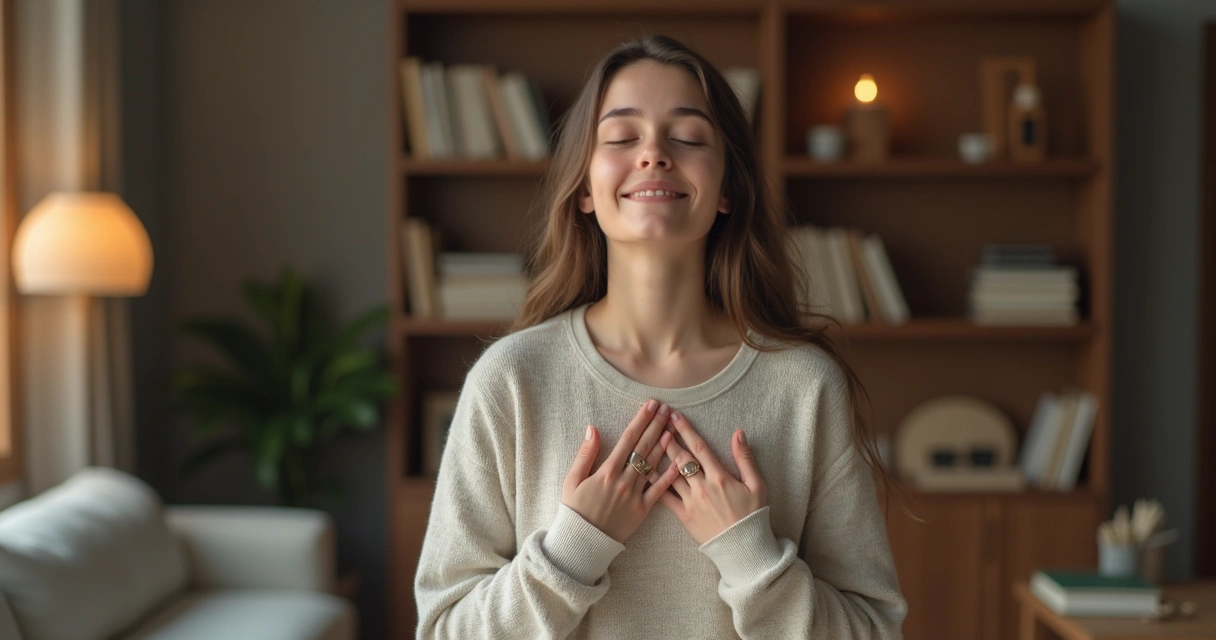 Pessoa inspirando profundamente enquanto segura as mãos sobre o peito, demonstrando calma em ambiente doméstico. 