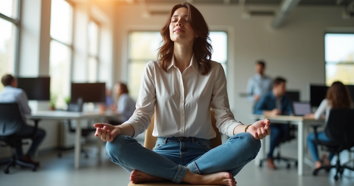 Pessoa em posição de meditação no escritório 