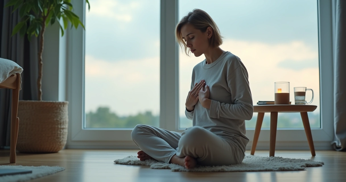 Pessoa sentada no chão perto da janela praticando respiração profunda em momento de crise 