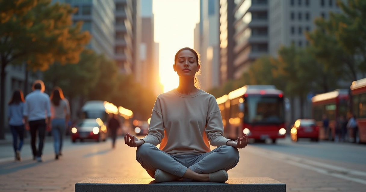 Pessoa sentada em posição de meditação em meio a cidade desfocada, mantendo calma em situação de crise 