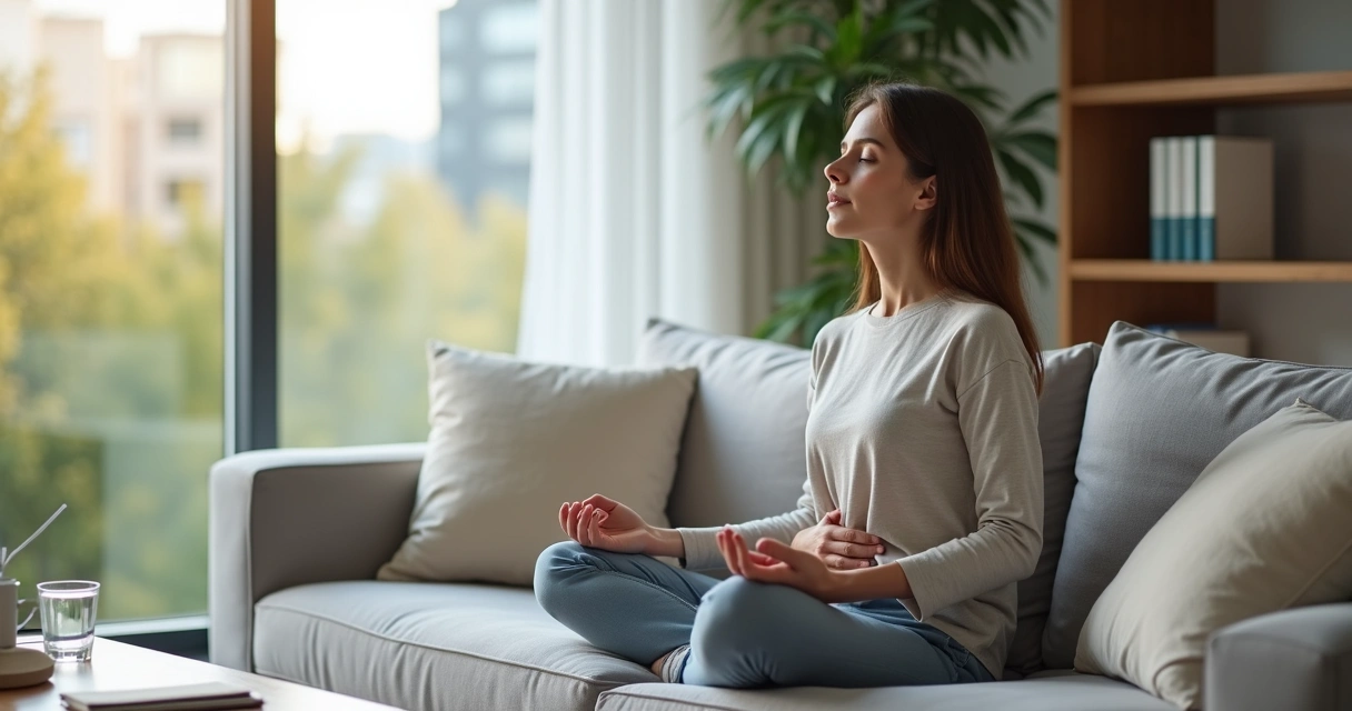 Pessoa sentada em posição confortável praticando respiração profunda perto da janela 