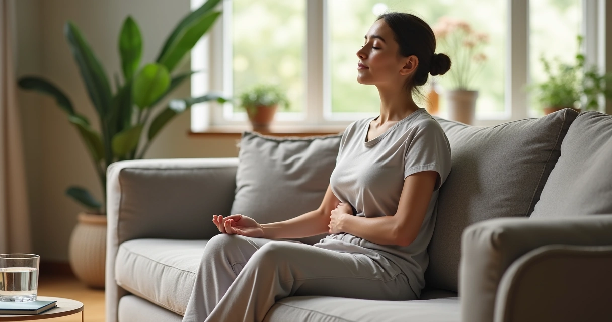 Pessoa sentada em posição confortável praticando respiração profunda em sala iluminada 