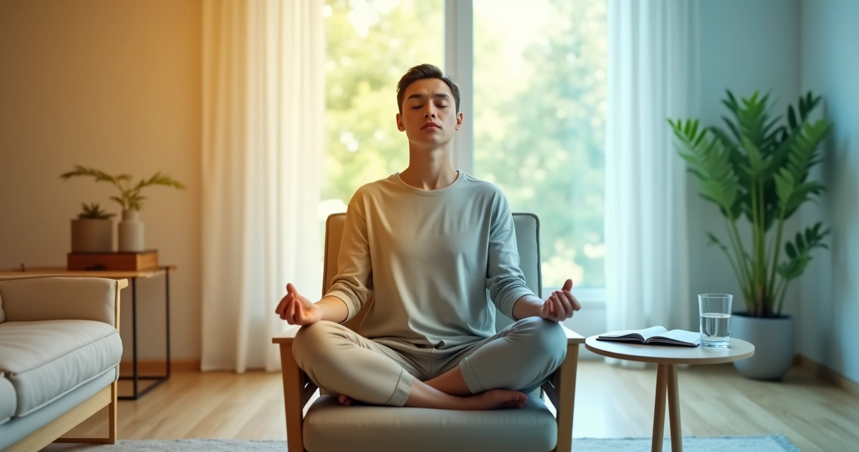 Pessoa sentada em posição de meditação com ondas coloridas representando emoções ao redor 