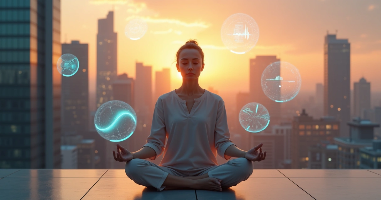 Pessoa em ambiente urbano futurista meditando enquanto gráficos digitais representam emoções em 2026 