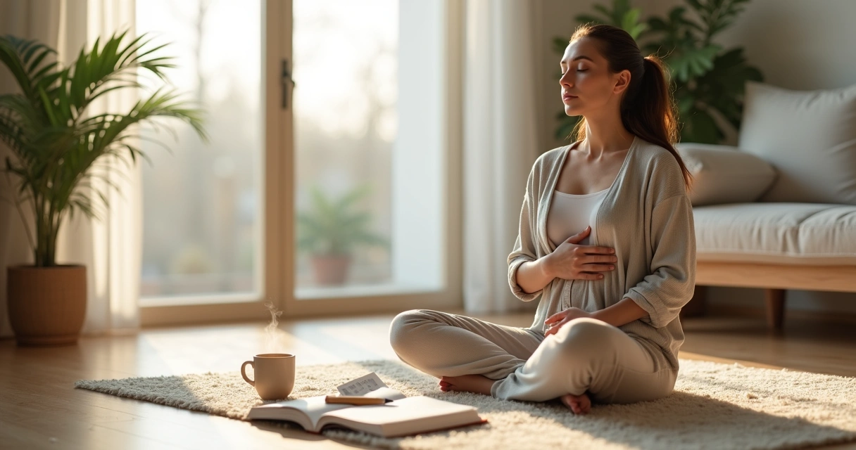 Pessoa sentada em posição de meditação perto da janela com caderno e xícara ao lado 