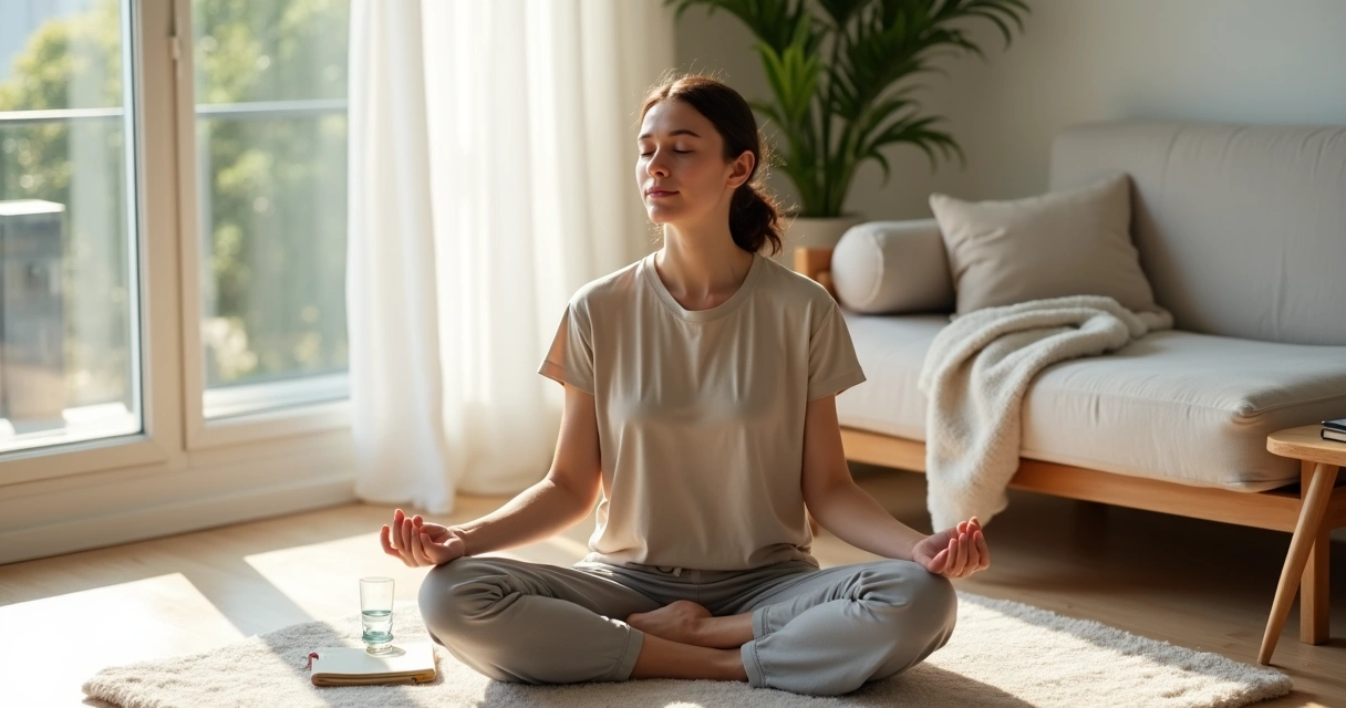 Pessoa sentada em meditação perto da janela com luz suave ao amanhecer 