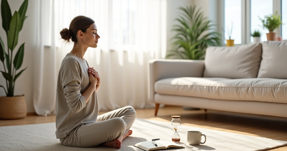 Pessoa sentada no chão praticando respiração e escrita para autorregulação emocional 