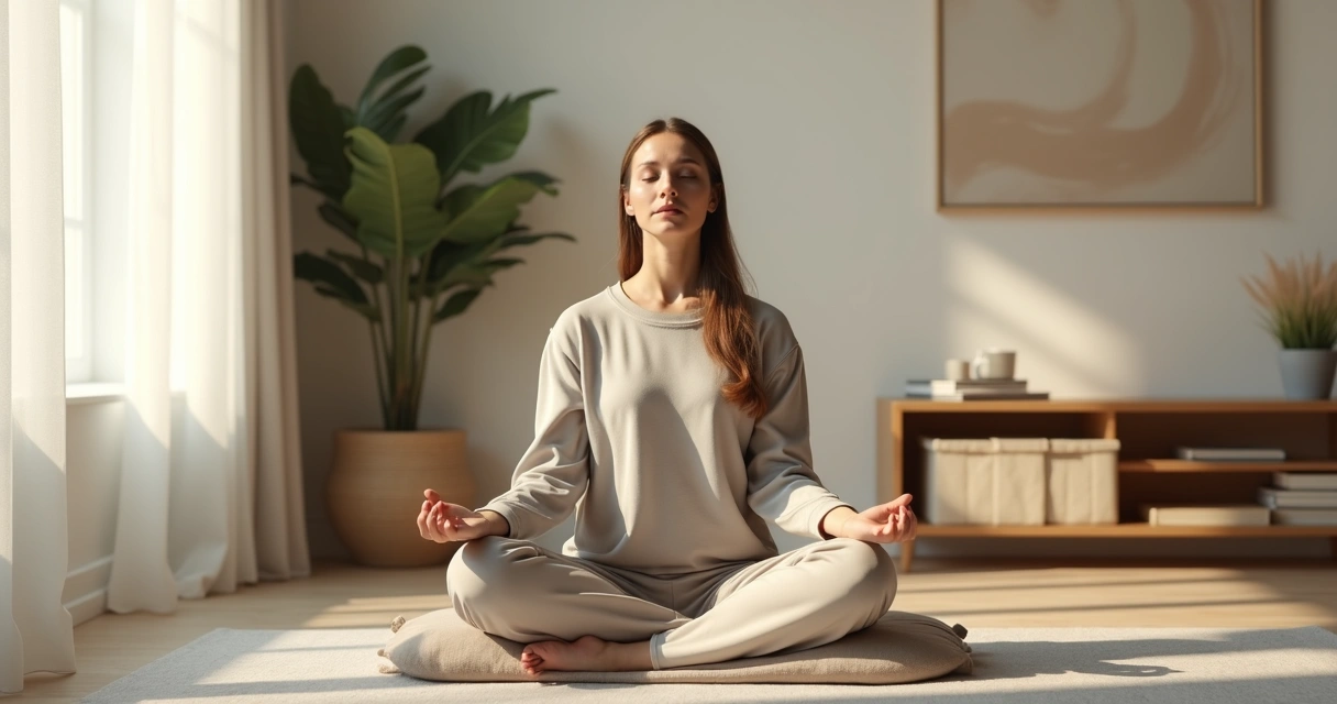 Pessoa sentada em meditação em sala tranquila com luz suave 