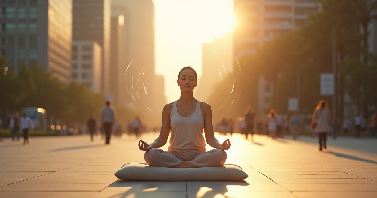 Pessoa sentada em posição de meditação no centro de uma cidade desfocada ao fundo 