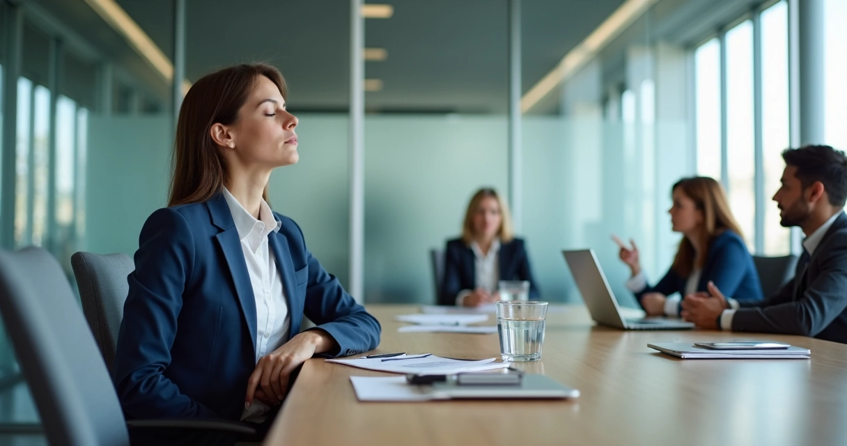 Profissional respirando fundo e se acalmando em reunião tensa 