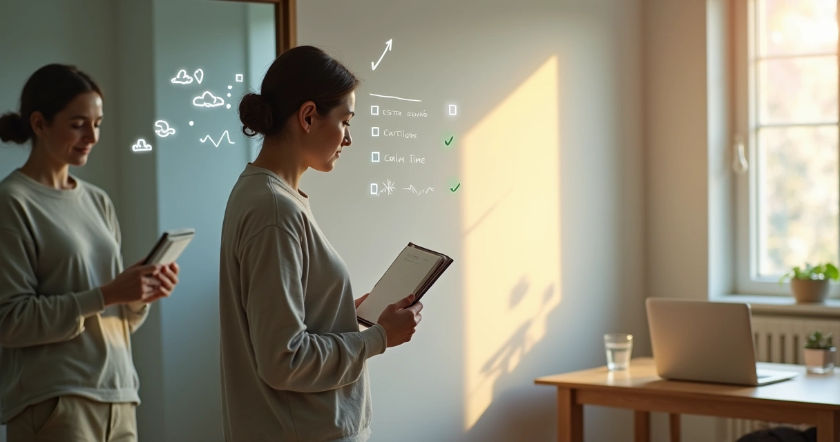 Pessoa analisando suas emoções em frente ao espelho com anotações e gráficos mentais ao redor 