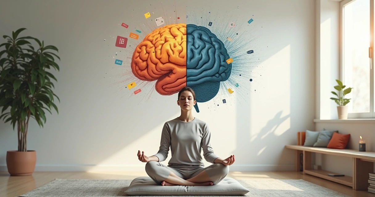 Pessoa sentada em meditação com mente dividida entre caos e clareza 