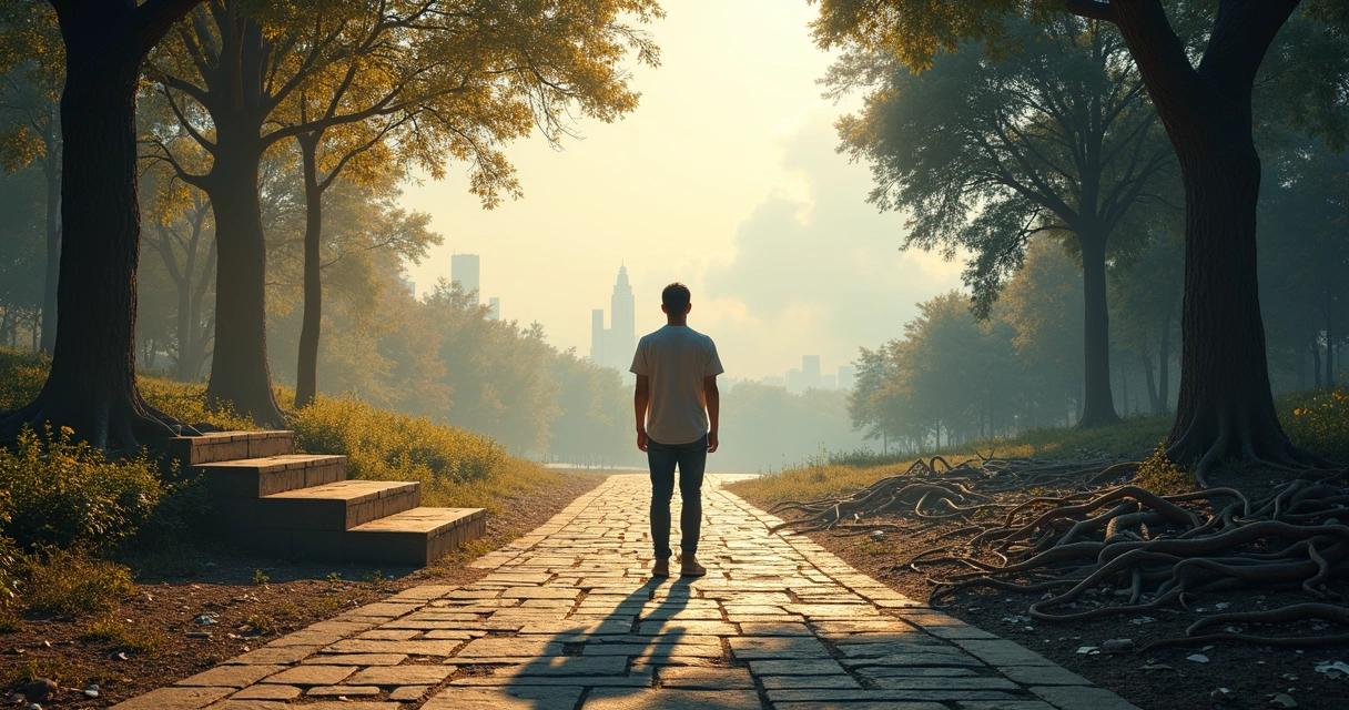 Pessoa em encruzilhada com caminho calmo de um lado e caminho caótico do outro 