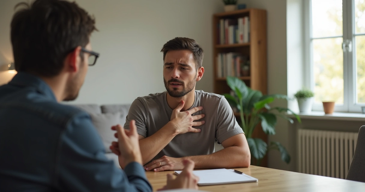 Persona respirando profundo y calmándose en medio de una discusión tensa 