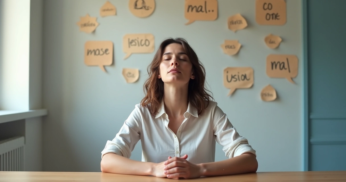 Persona respirando profundo frente a críticas escritas en fondo borroso 