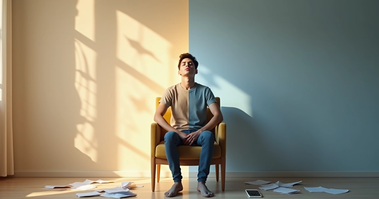 Persona reflexionando frente a su reflejo dividido entre calma y estrés 