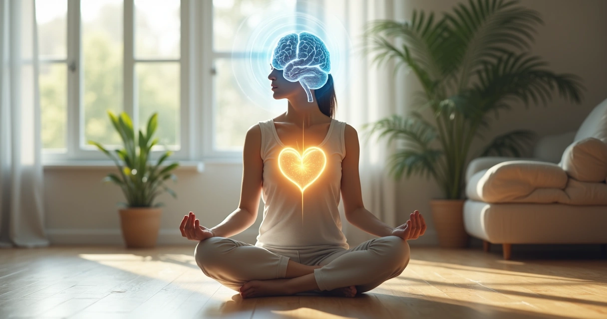 Persona meditando con conexión visual entre cerebro y corazón 