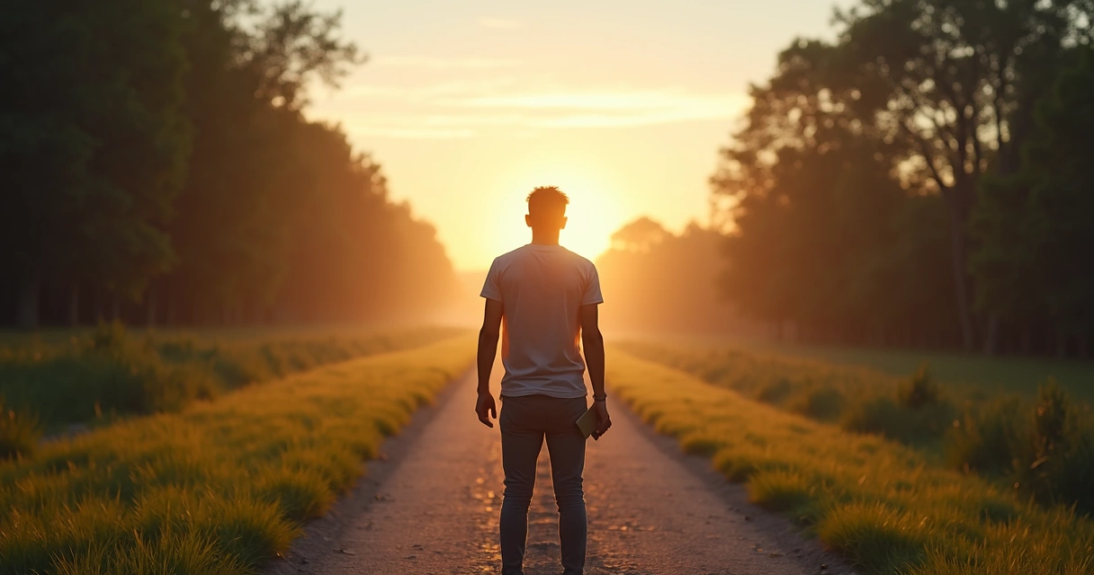 Pessoa em encruzilhada escolhendo caminho iluminado com segurança 