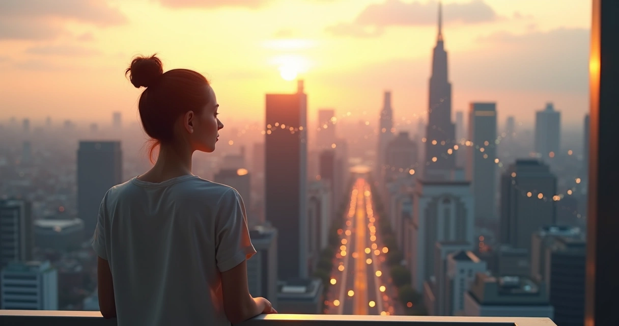 Pessoa em pé diante de uma cidade com rede de conexões ilustrando responsabilidade social 