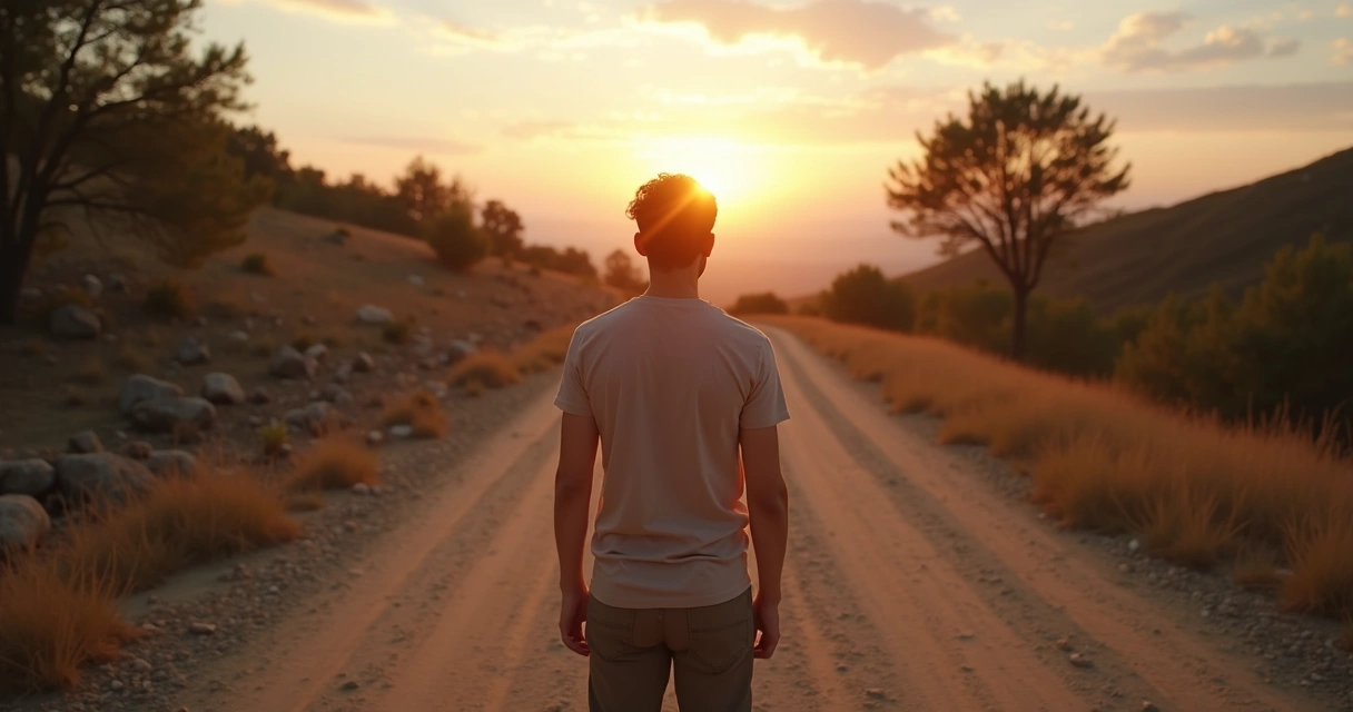 Pessoa em pé diante de estrada se dividindo em dois caminhos, escolhendo com consciência o próprio rumo 