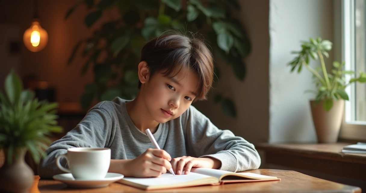 Pessoa escrevendo em diário com expressão reflexiva, caneta nas mãos, mesa com objetos pessoais. 