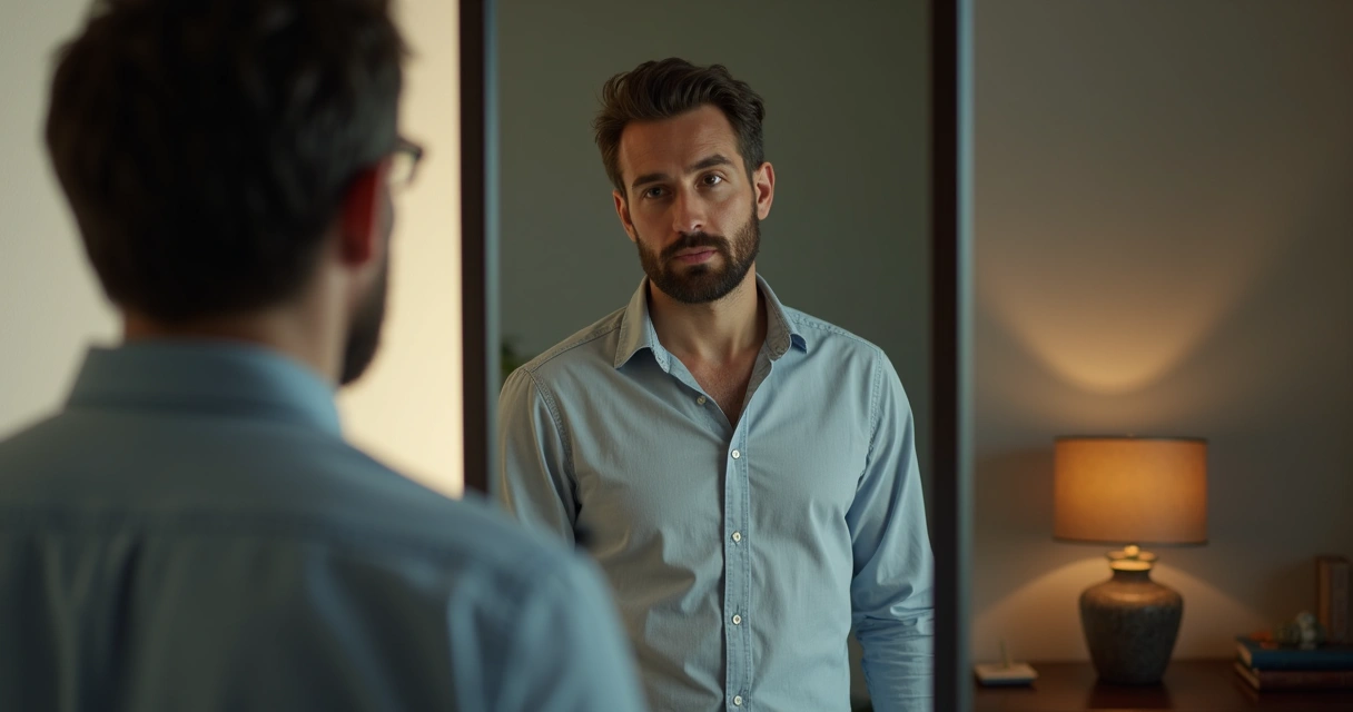 Homem olhando para espelho, reflexo indica autorreflexão 