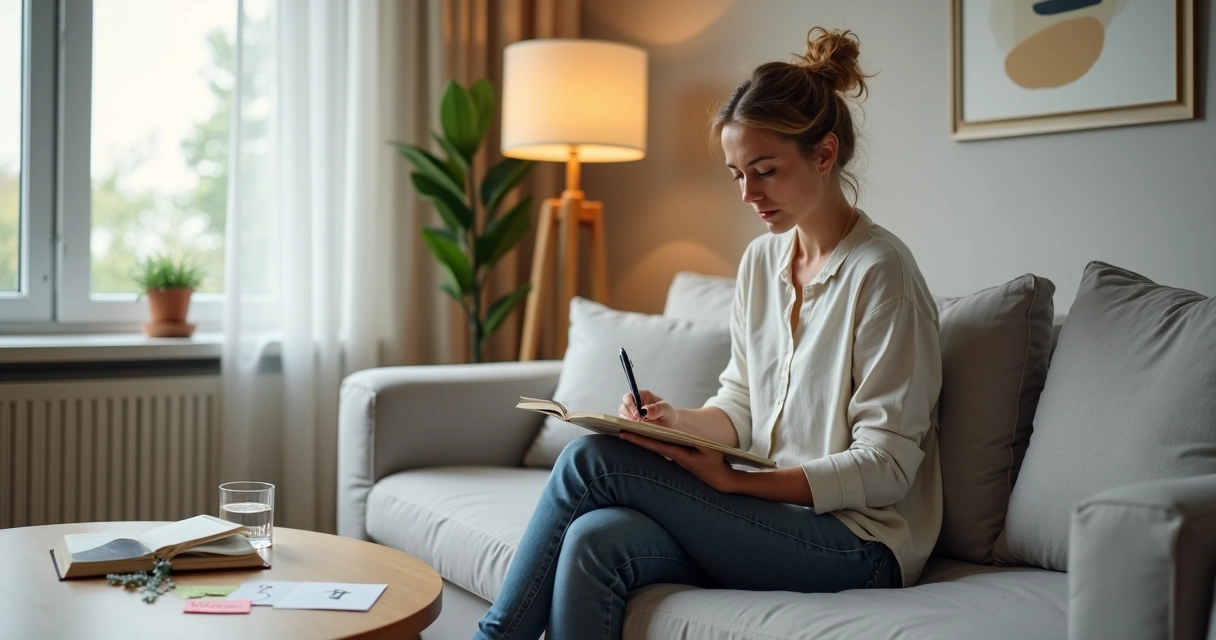 Pessoa adulta sentada em sofá com caderno no colo refletindo sobre emoções em sala iluminada 