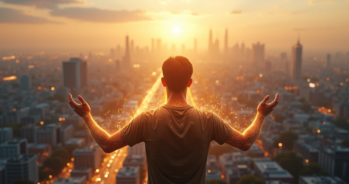 Pessoa em pé sobre uma cidade conectada por luzes simbolizando impacto coletivo consciente 