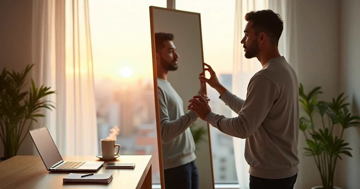 Pessoa adulta refletindo diante do espelho com expressão de foco e responsabilidade 