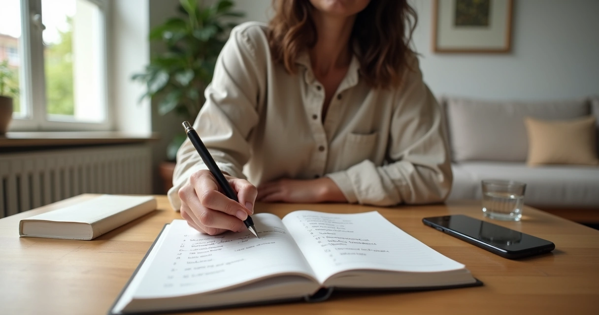 Pessoa sentada em sala de estar escrevendo metas em caderno sobre a mesa 