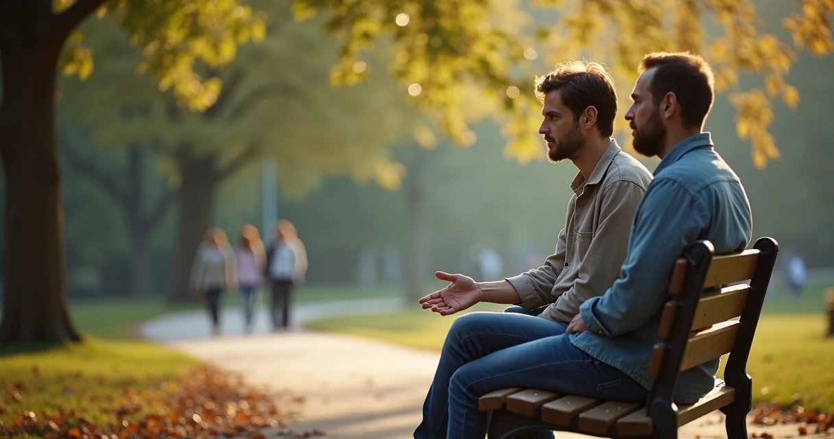 Dois adultos conversando em um banco de parque enquanto assumem responsabilidade mútua na conversa 