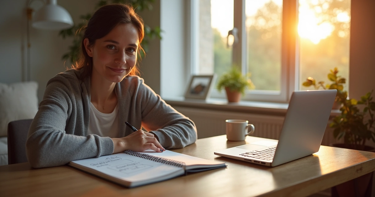 Pessoa refletindo com serenidade diante de um caderno de anotações 