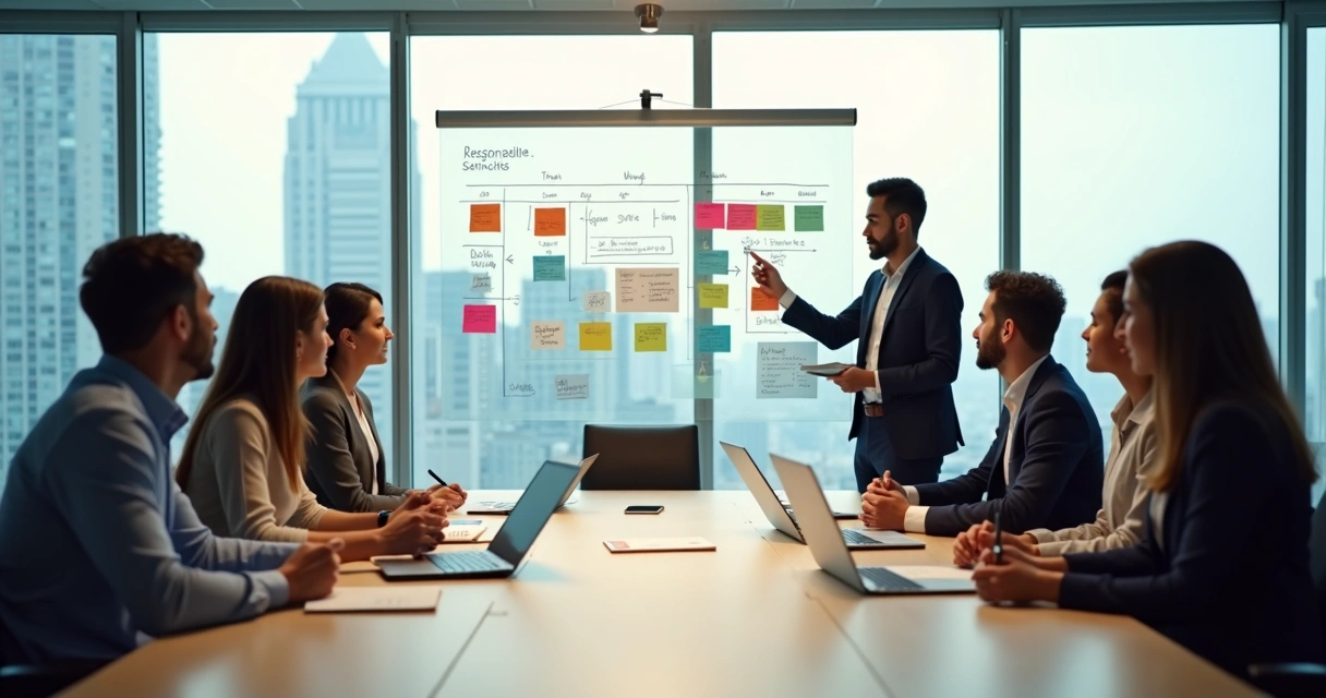 Profissional em reunião apontando para quadro com metas e responsabilidades 