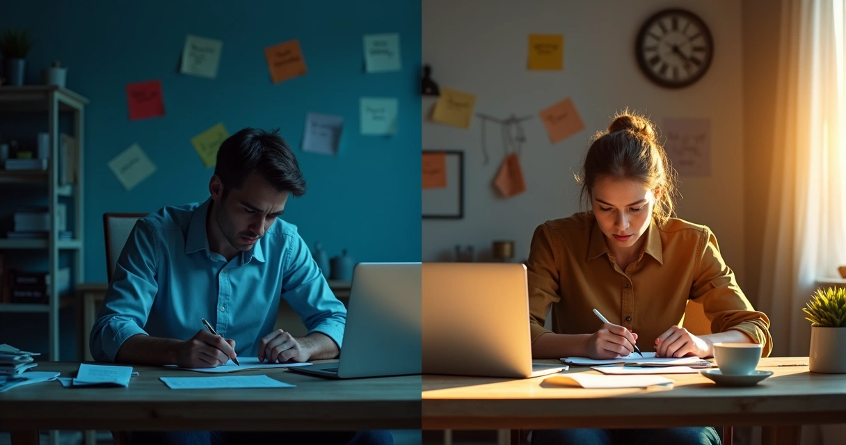 Pessoa dividida entre autocobrança pesada e autorresponsabilidade equilibrada 