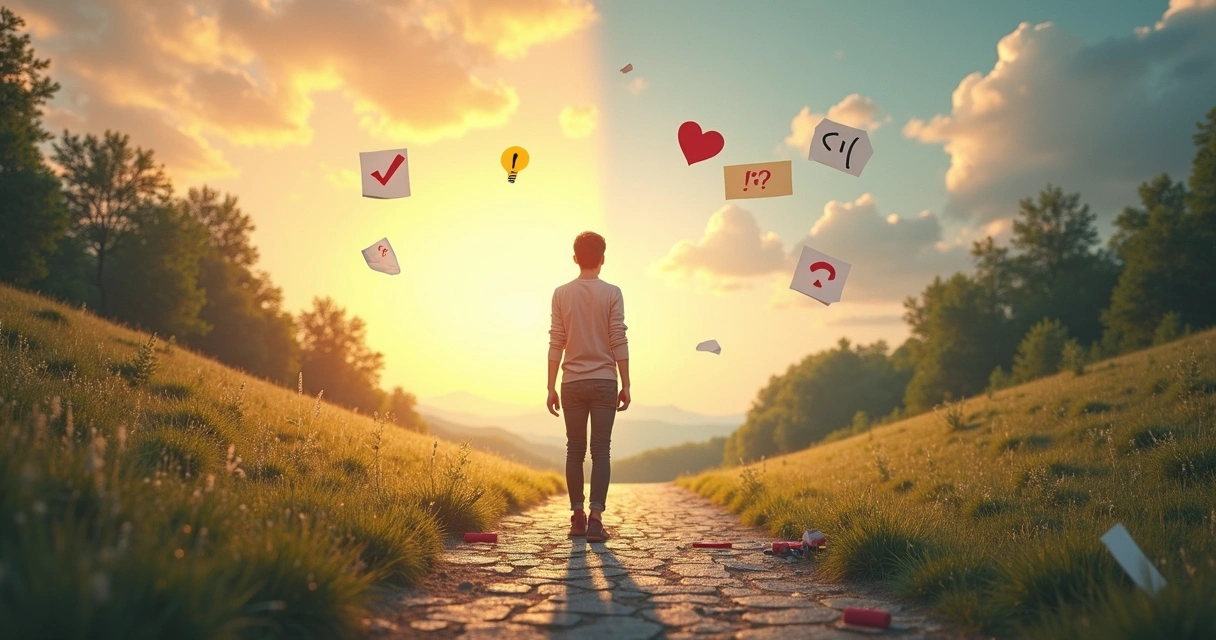 Pessoa em frente a encruzilhada escolhendo entre caminho leve e caminho pesado 