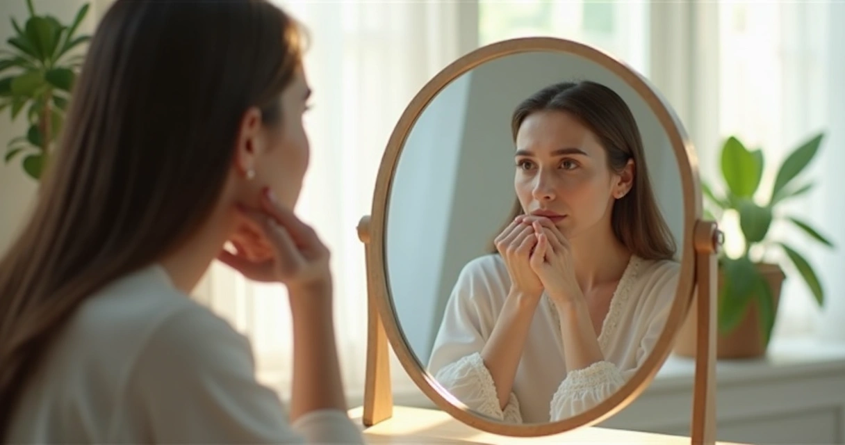 Pessoa olhando o próprio reflexo em um espelho redondo colocado em uma mesa de madeira clara. 