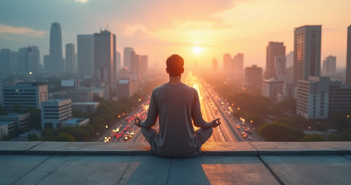 Persona meditando frente a una ciudad dividida entre caos y armonía 