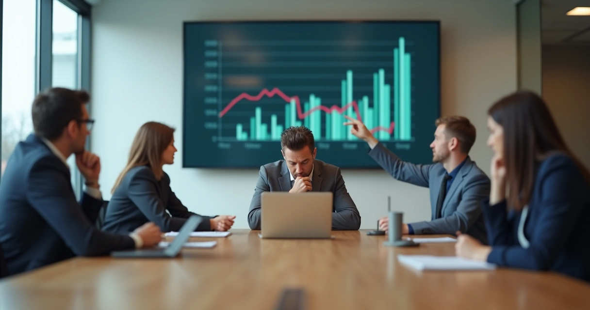 Profissional em reunião corporativa com expressão preocupada isolado em meio a colegas desfocados 