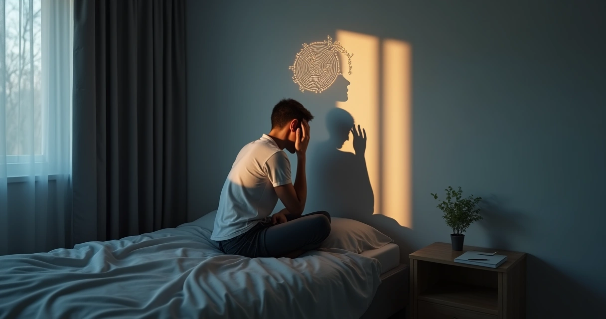 Pessoa com sombra projetando labirinto na cabeça simbolizando armadilhas mentais da autossabotagem 