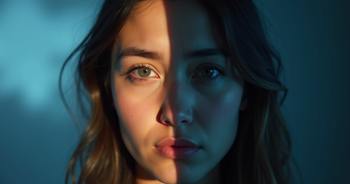 Pessoa dividida entre escolhas, com metade do rosto iluminado e a outra em sombra 