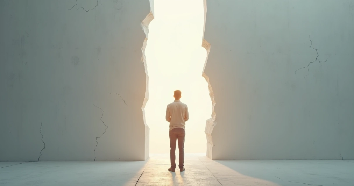 Pessoa enfrentando barreiras internas representadas por muros simbólicos