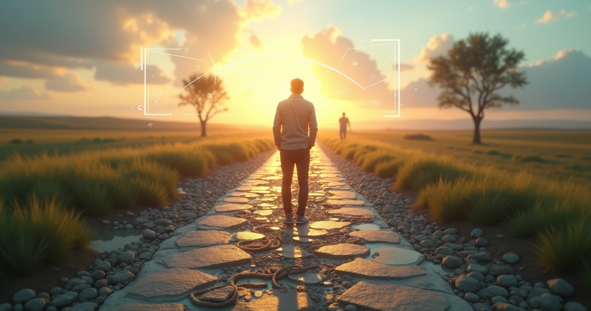 Pessoa diante de dois caminhos simbolizando autossabotagem e bloqueios sistêmicos 