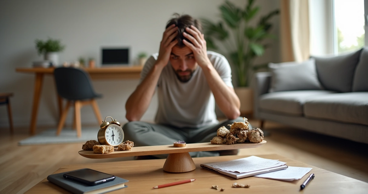 Pessoa sentada no chão ao lado de uma balança desequilibrada, dividida entre escolhas opostas 