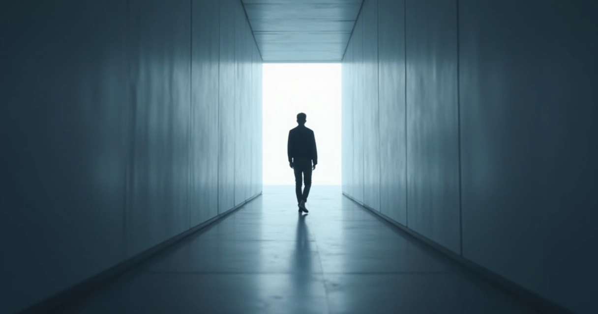 Pessoa caminhando sozinha em um corredor em perspectiva, cenário abstrato cinza e azul, simbolizando jornada interna