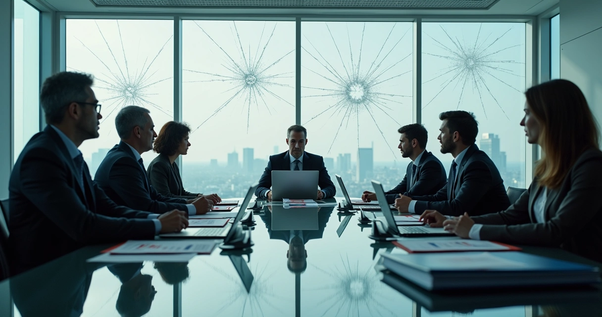 Executivos cercados por paredes de vidro rachadas em reunião tensa 