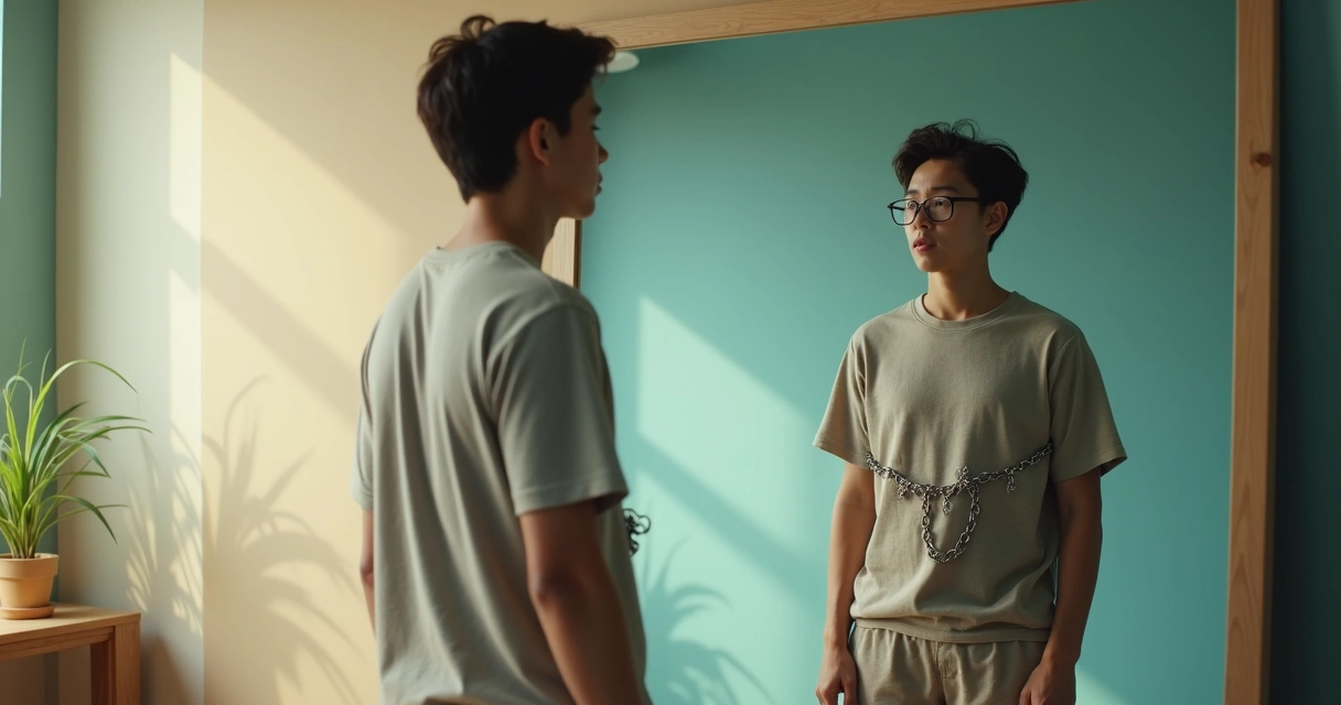 Pessoa diante de espelho com sombra projetando correntes e barreiras mentais 