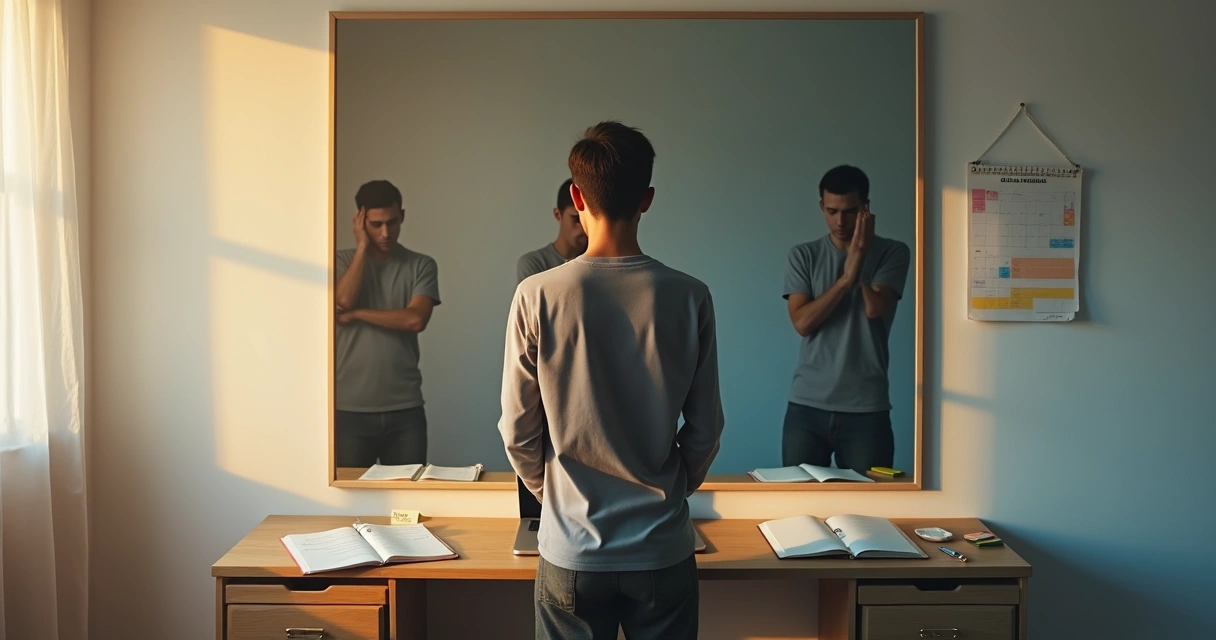 Pessoa observando reflexo fragmentado em espelho simbolizando autossabotagem e disciplina 