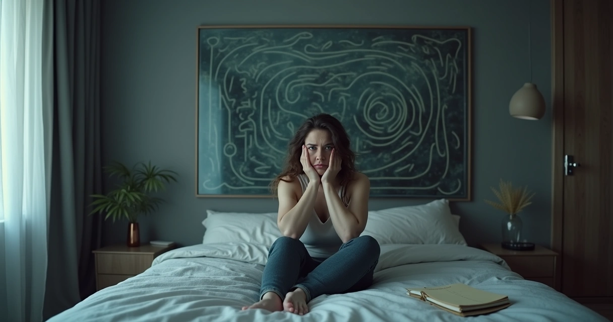 Pessoa sentada em frente a espelho fragmentado em meio a labirinto mental 