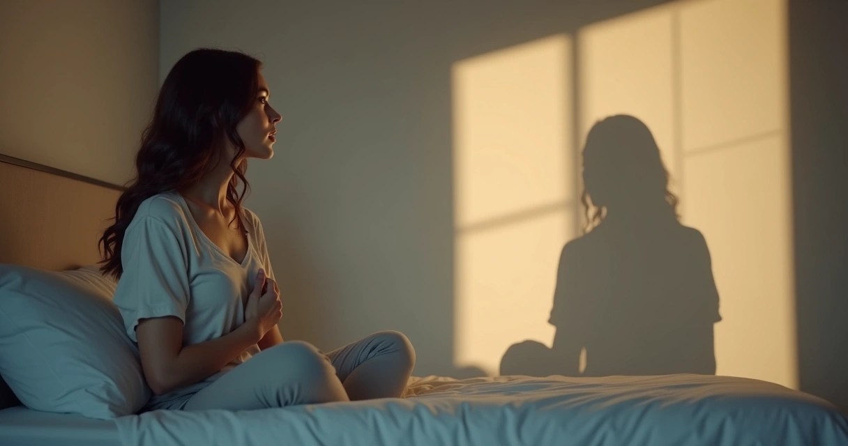 Mulher pensativa diante do espelho com sombra fragmentada atrás dela 